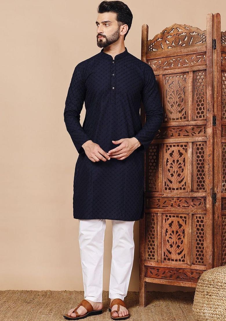 Blue Embroidered Cotton Kurta For Men - Indya