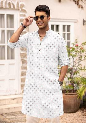 White Printed Cotton Kurta For Men