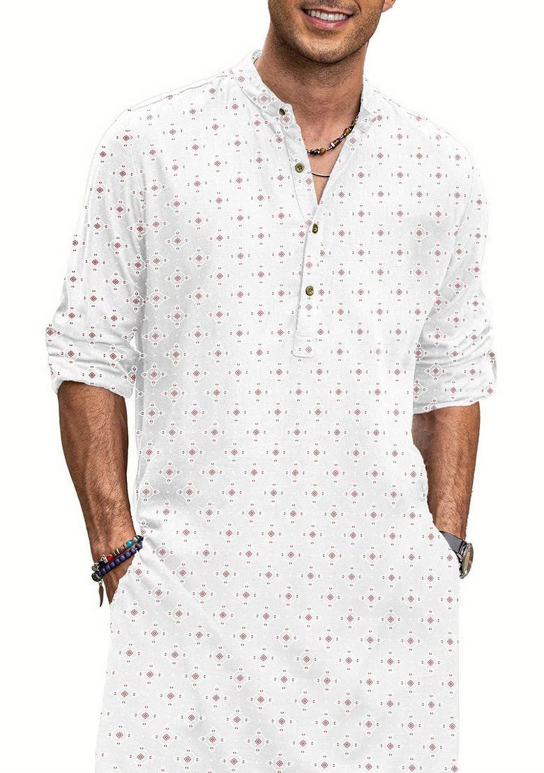 White Printed Cotton Kurta For Men - Indya