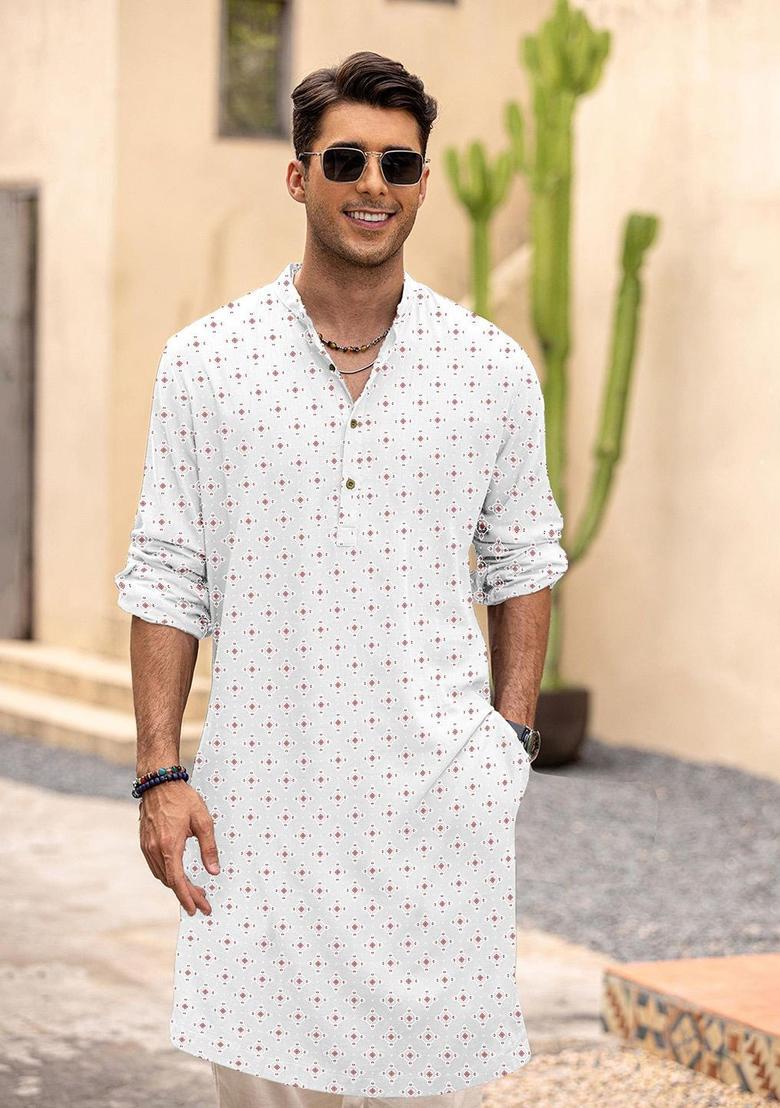 White Printed Cotton Kurta For Men - Indya