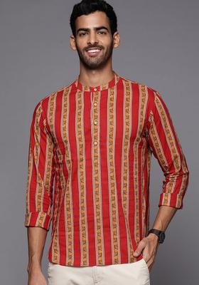 Red Printed Cotton Kurta For Men