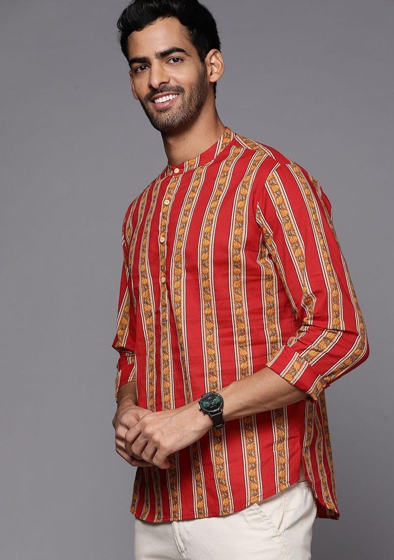 Red Printed Cotton Kurta For Men - Indya