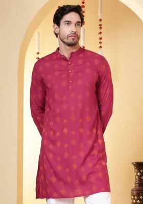 Maroon Printed Viscose Kurta For Men