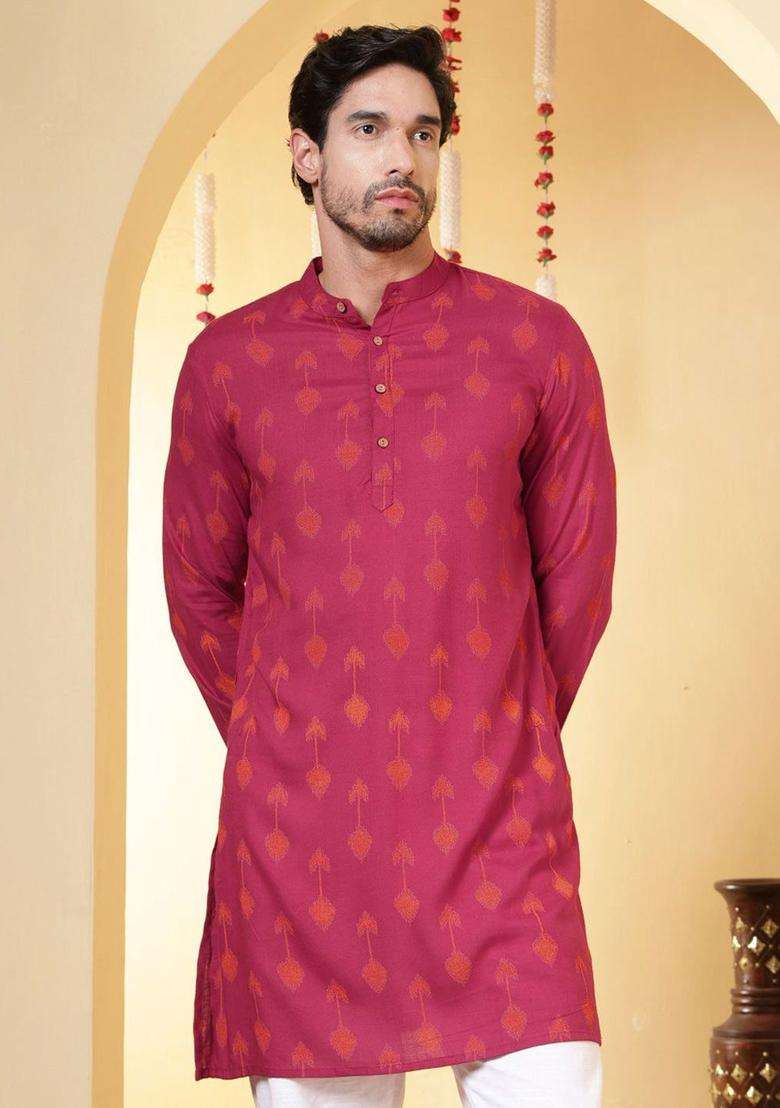 Maroon Printed Viscose Kurta For Men - Indya