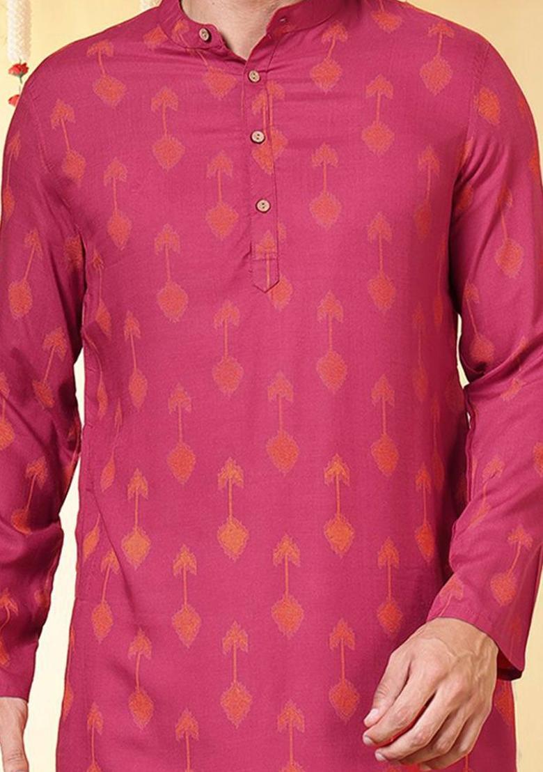 Maroon Printed Viscose Kurta For Men - Indya