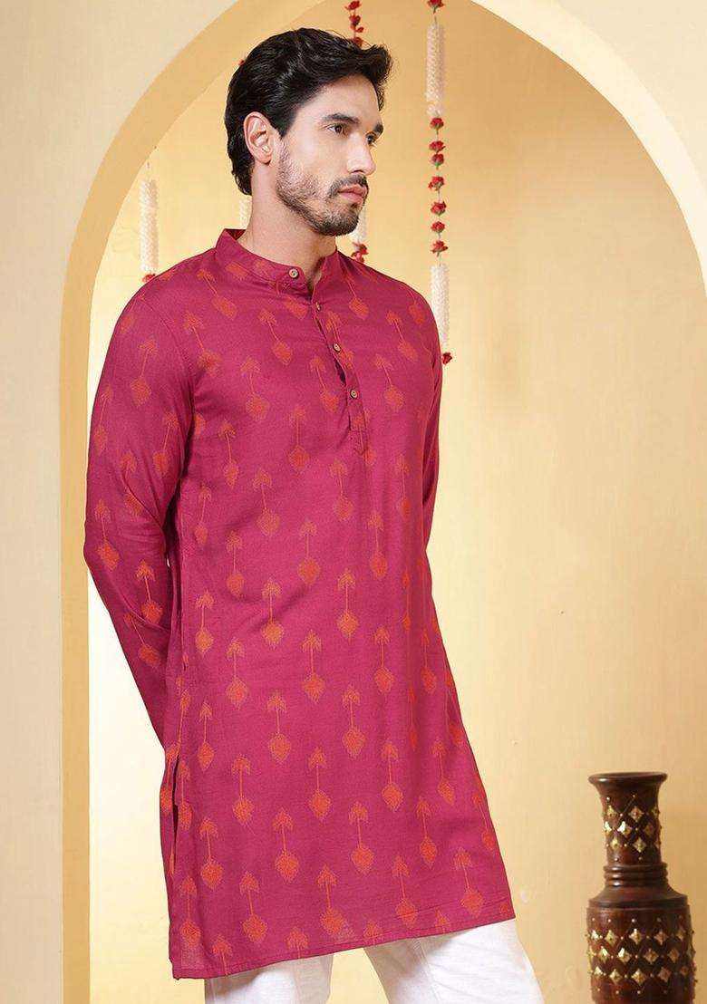 Maroon Printed Viscose Kurta For Men - Indya