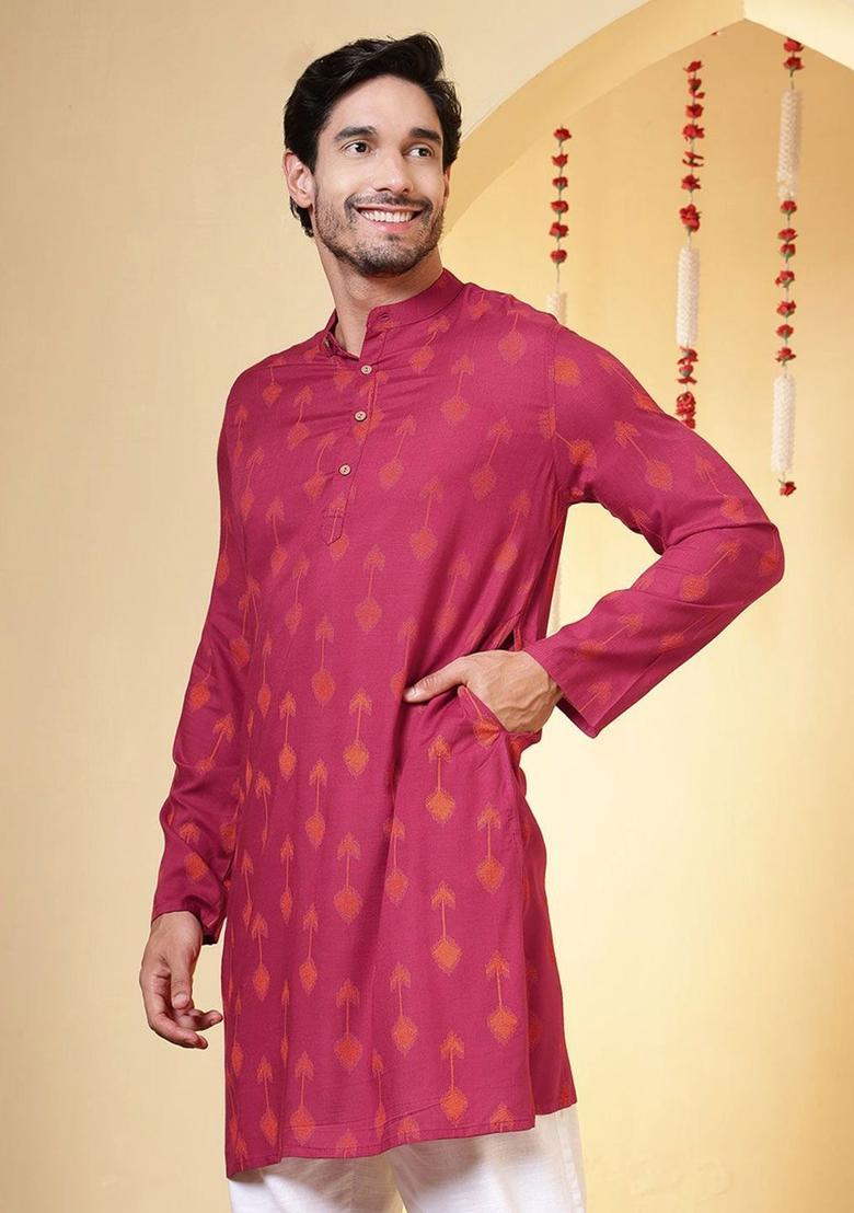 Maroon Printed Viscose Kurta For Men - Indya