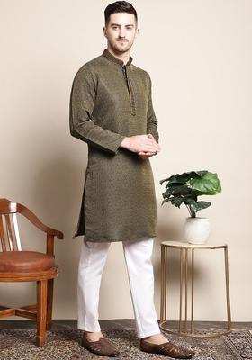 Olive Woven Design Silk Kurta For Men