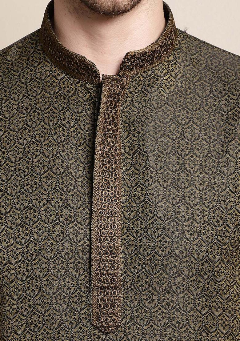 Olive Woven Design Silk Kurta For Men - Indya