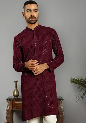 Purple Embroidered Cotton Kurta For Men