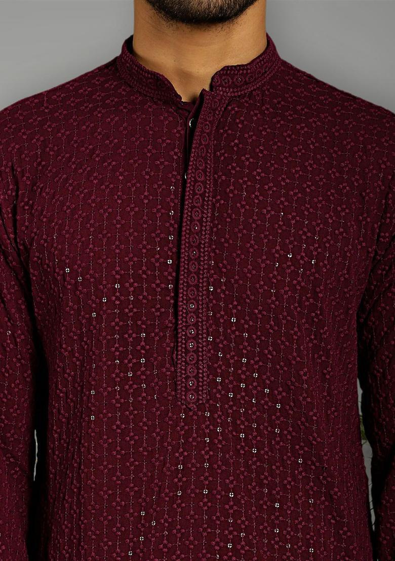 Purple Embroidered Cotton Kurta For Men - Indya