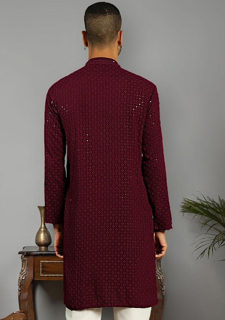 Purple Embroidered Cotton Kurta For Men - Indya