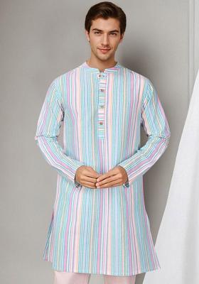 Blue Striped Cotton Kurta For Men