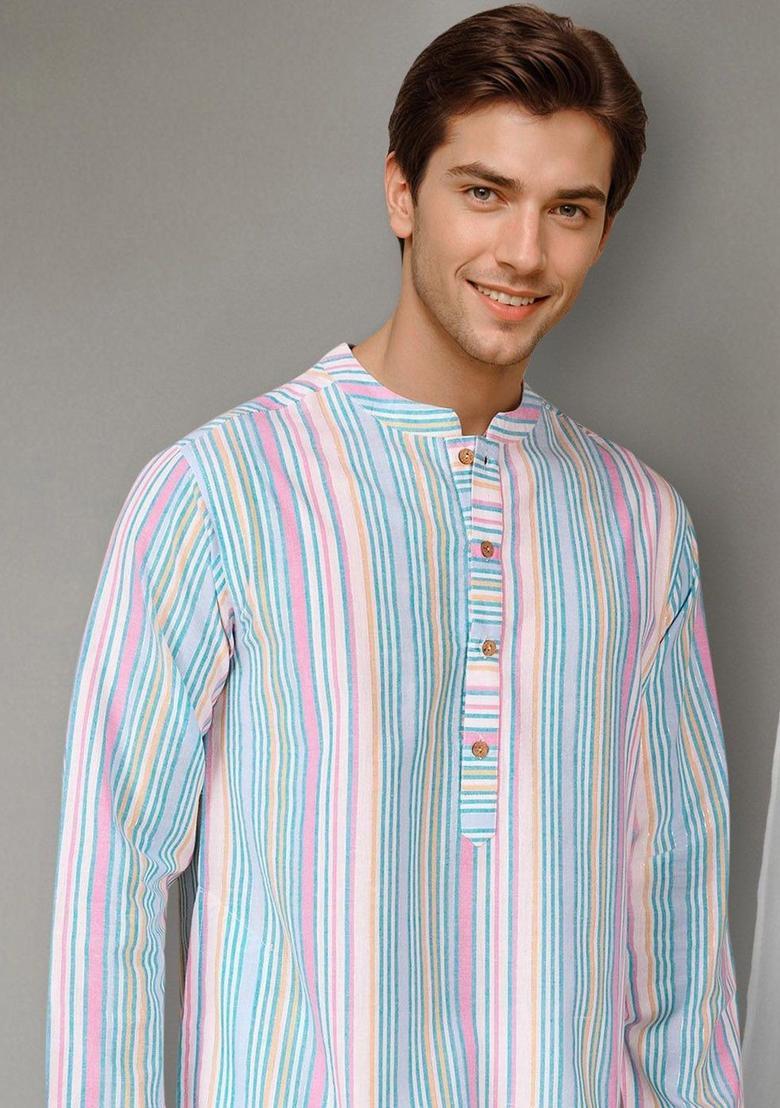 Blue Striped Cotton Kurta For Men - Indya
