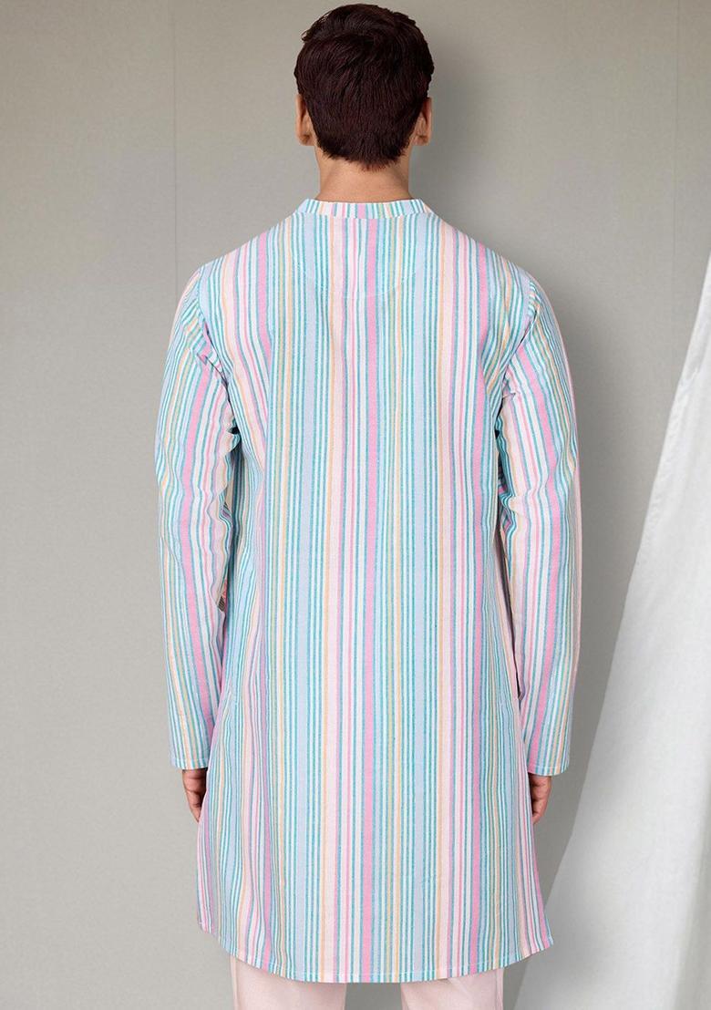 Blue Striped Cotton Kurta For Men - Indya