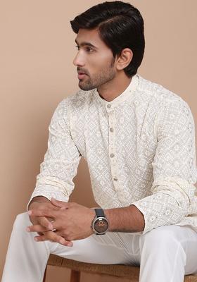 Beige Embroidered Cotton Kurta For Men