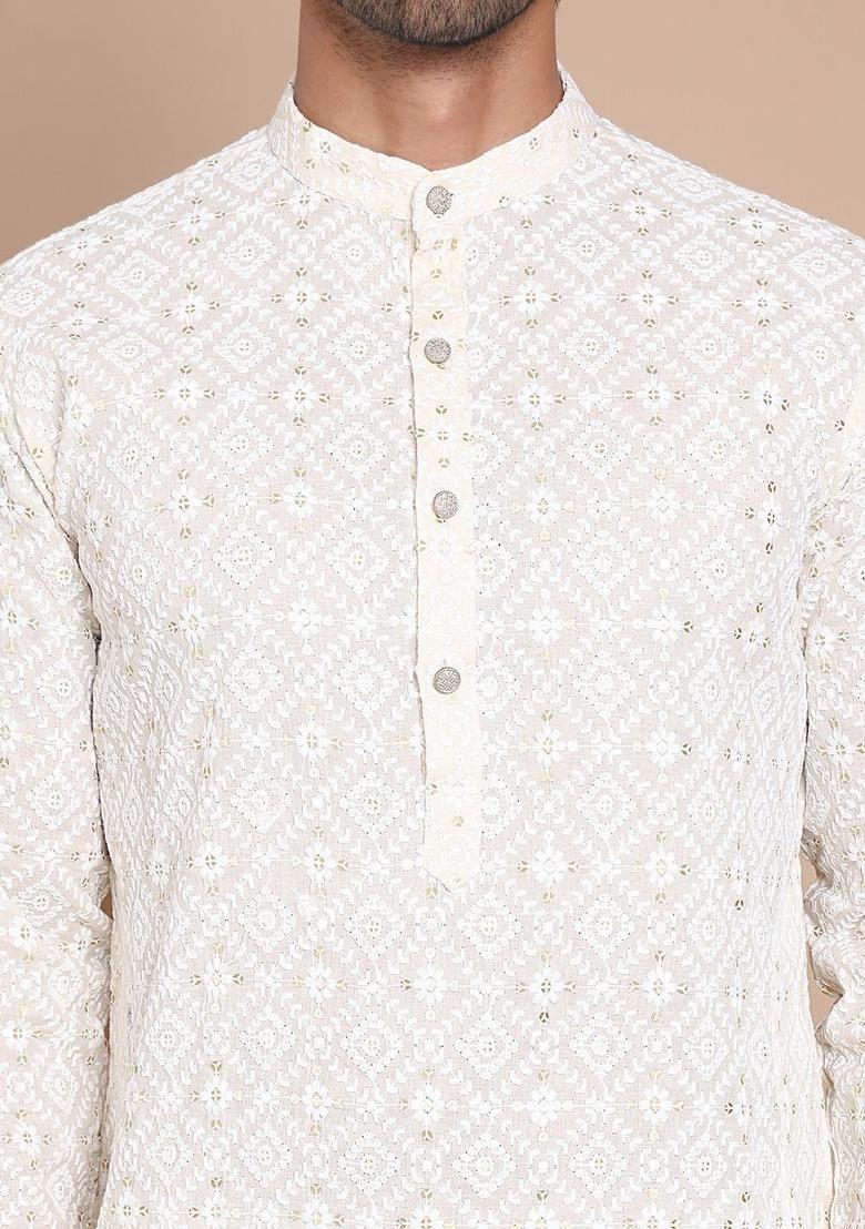 Beige Embroidered Cotton Kurta For Men - Indya