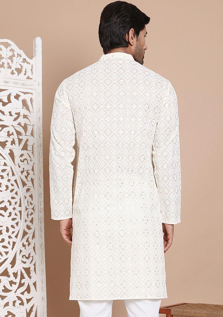 Beige Embroidered Cotton Kurta For Men - Indya
