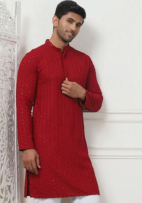 Maroon Embroidered Viscose Kurta For Men