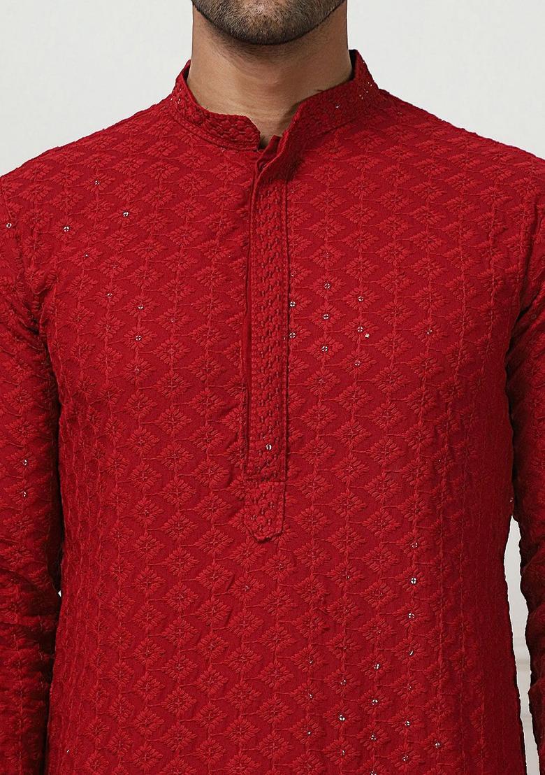 Maroon Embroidered Viscose Kurta For Men - Indya