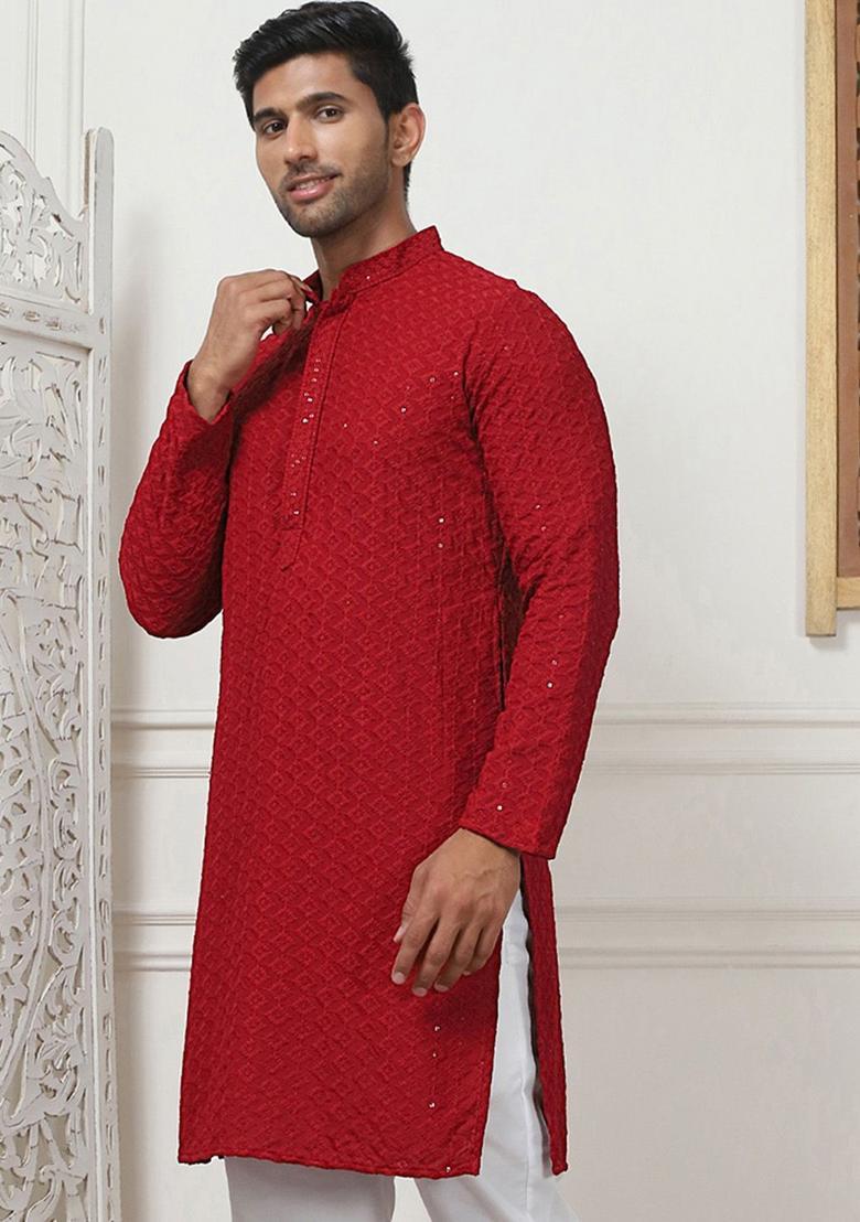 Maroon Embroidered Viscose Kurta For Men - Indya
