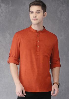 Orange Solid Polyester Kurta For Men