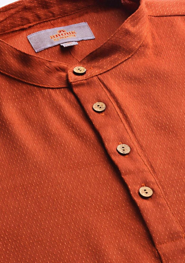 Orange Solid Polyester Kurta For Men - Indya