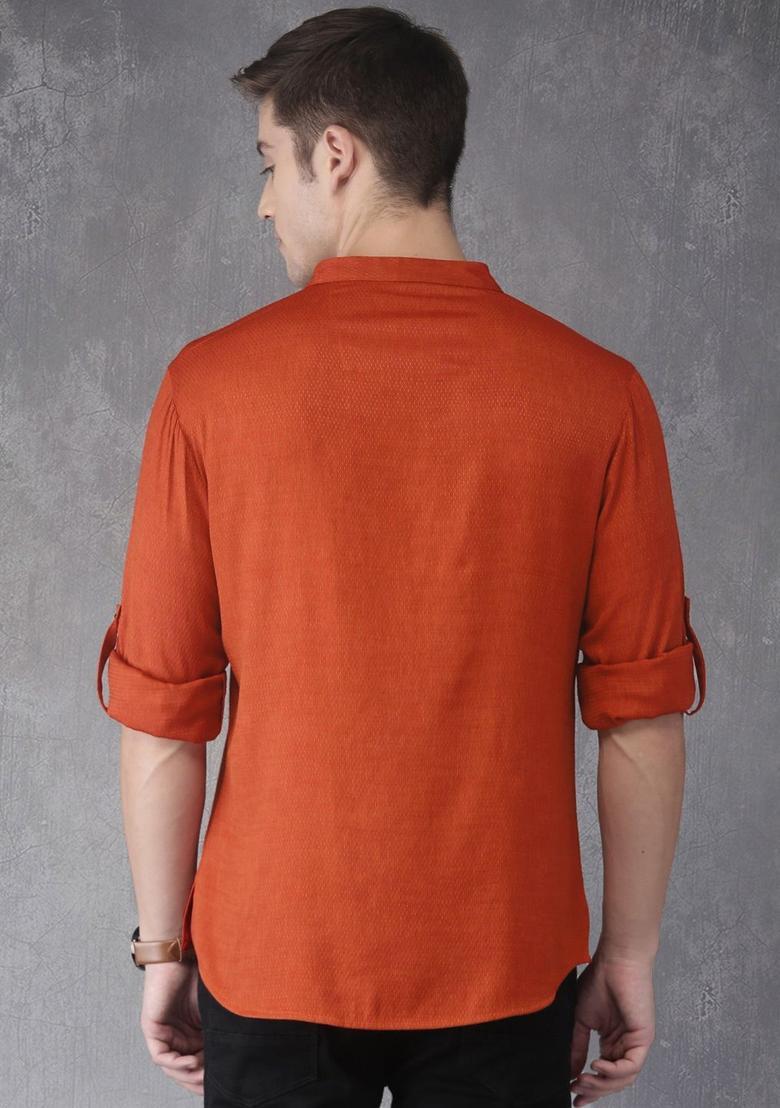 Orange Solid Polyester Kurta For Men - Indya