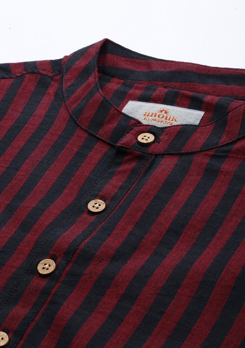 Maroon Striped Cotton Kurta For Men - Indya