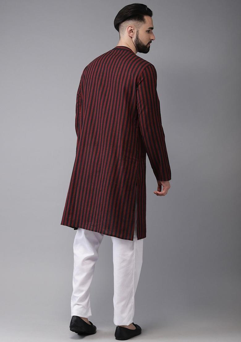 Maroon Striped Cotton Kurta For Men - Indya