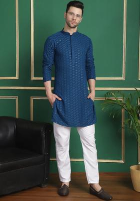 Blue Woven Design Viscose Kurta For Men
