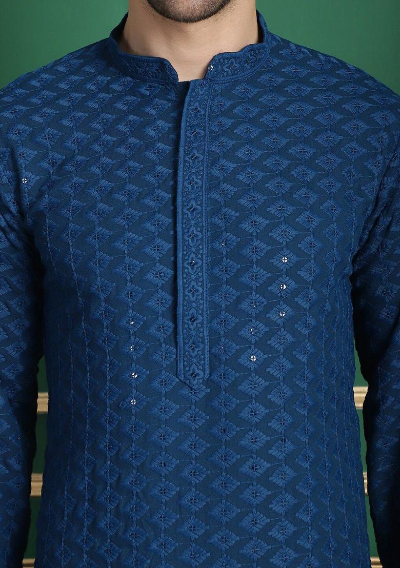 Blue Woven Design Viscose Kurta For Men - Indya