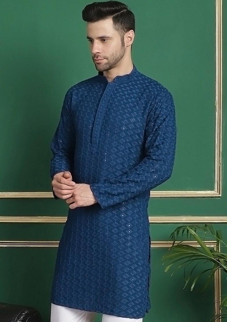 Blue Woven Design Viscose Kurta For Men - Indya