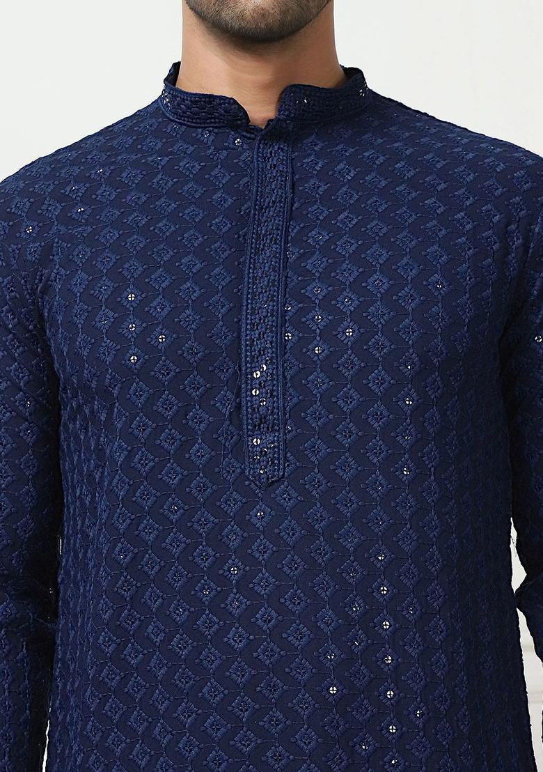 Blue Embroidered Cotton Kurta For Men - Indya
