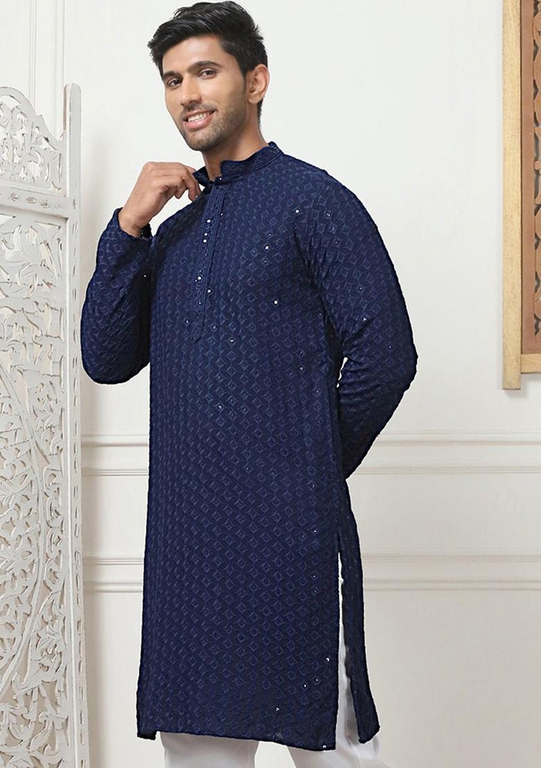 Blue Embroidered Cotton Kurta For Men - Indya