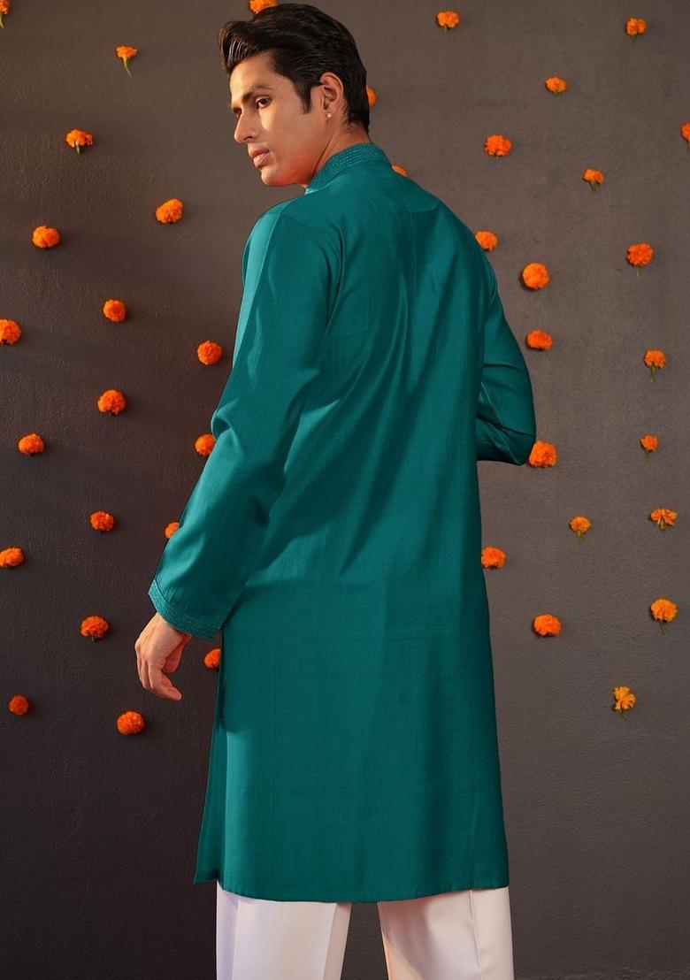 Blue Solid Cotton Kurta For Men - Indya