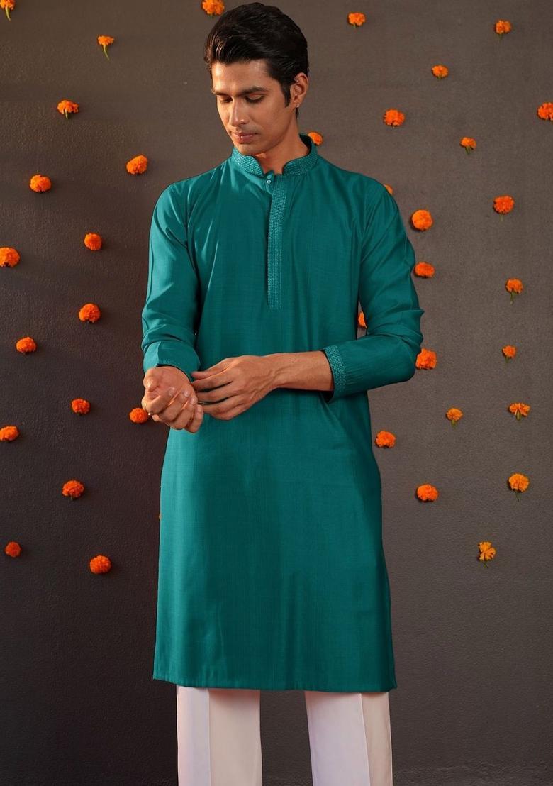 Blue Solid Cotton Kurta For Men - Indya