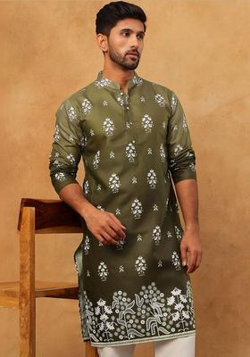 Olive Printed Cotton Kurta For Men
