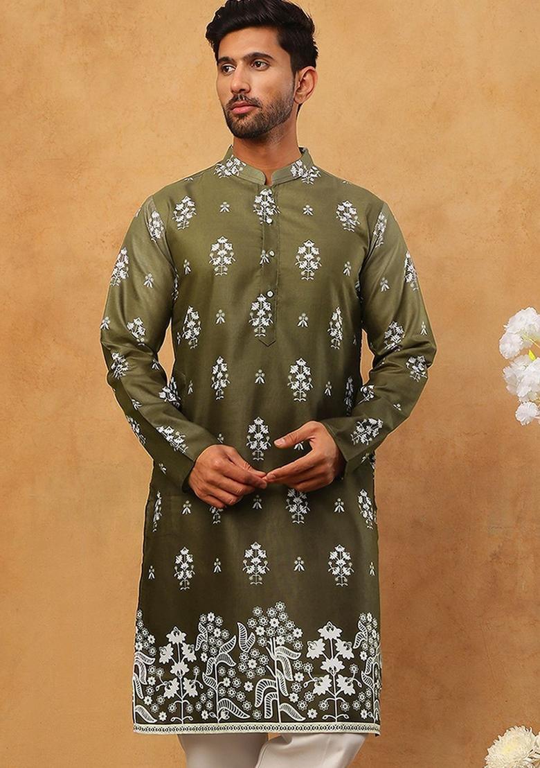 Olive Printed Cotton Kurta For Men - Indya