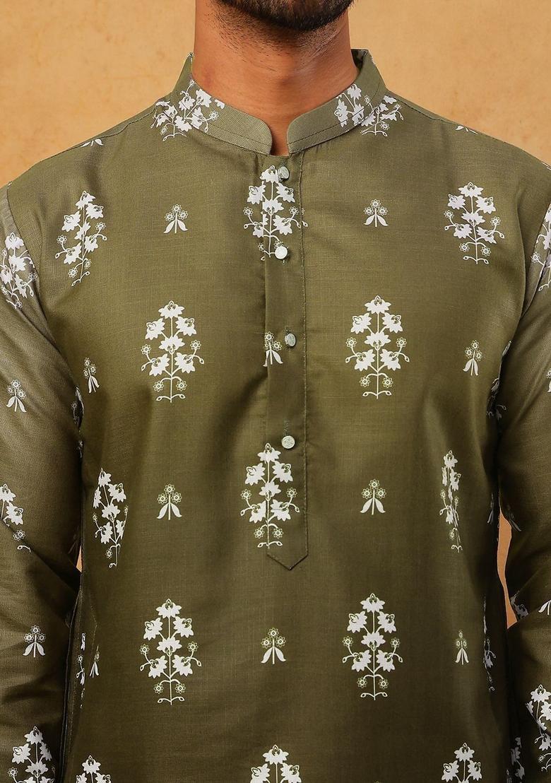 Olive Printed Cotton Kurta For Men - Indya