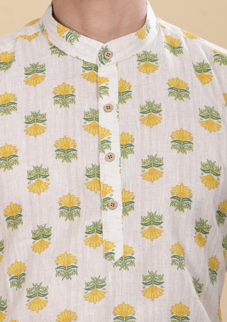 White Printed Cotton Kurta For Men - Indya