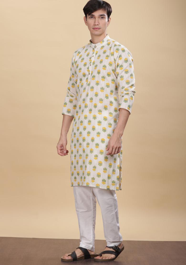 White Printed Cotton Kurta For Men - Indya