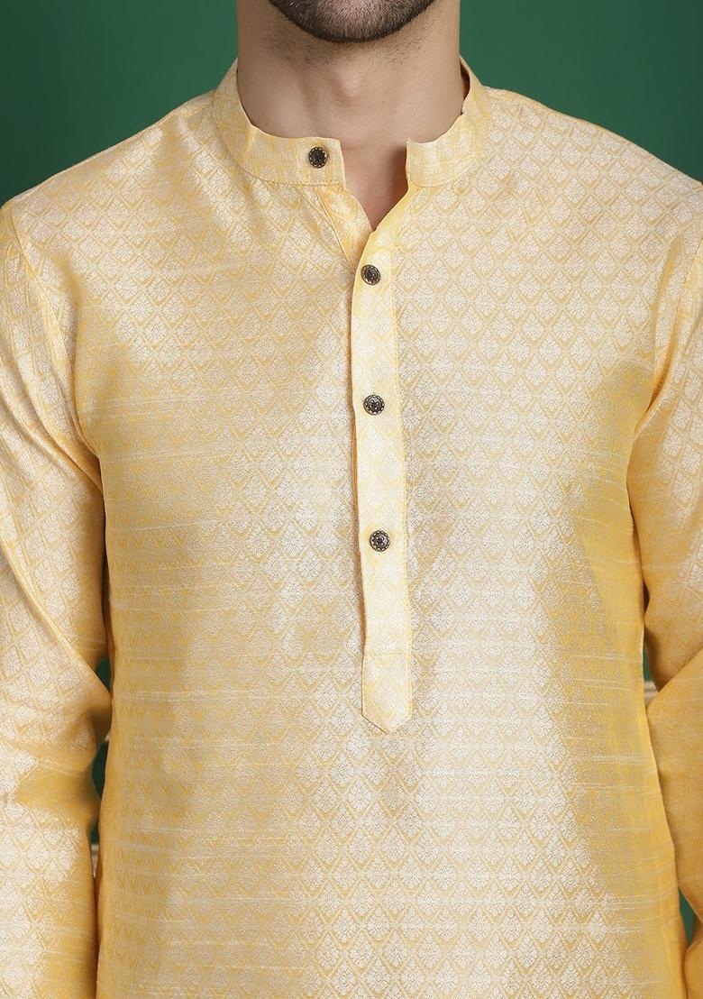 Gold Woven Design Silk Kurta For Men - Indya