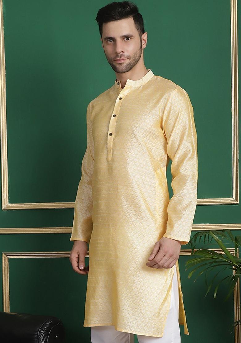 Gold Woven Design Silk Kurta For Men - Indya