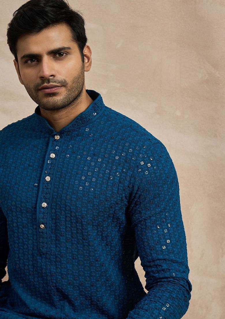 Blue Embroidered Polyester Kurta For Men - Indya