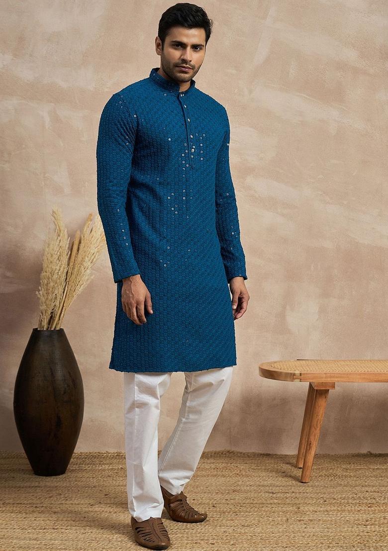 Blue Embroidered Polyester Kurta For Men - Indya