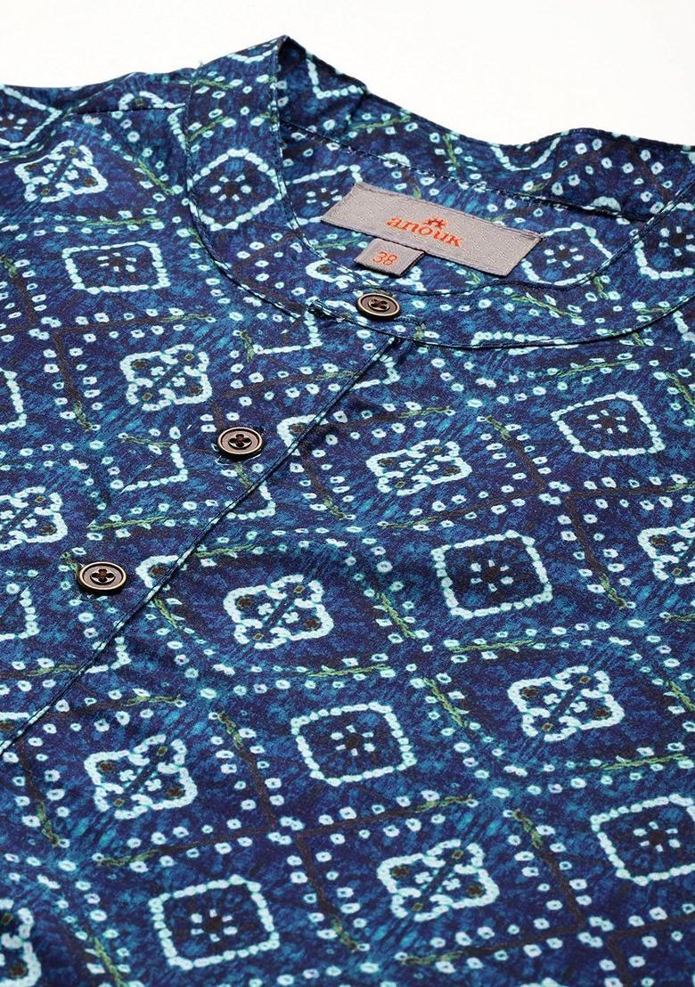 Blue Printed Polyester Kurta For Men - Indya