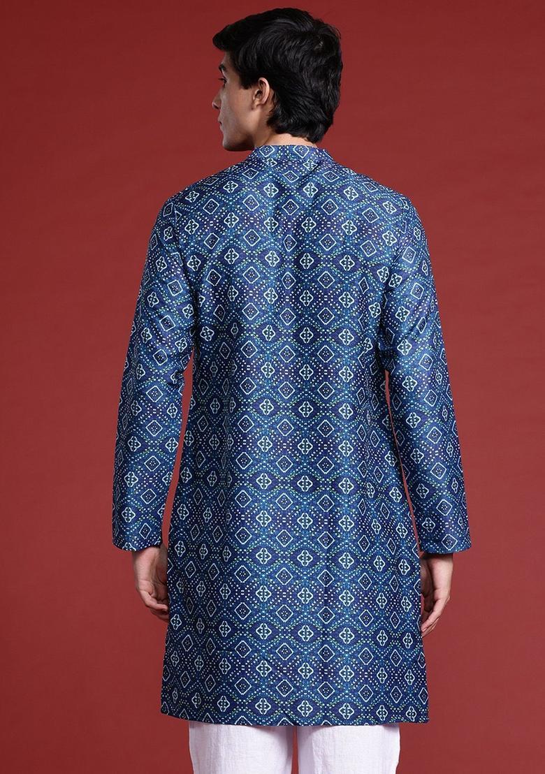 Blue Printed Polyester Kurta For Men - Indya