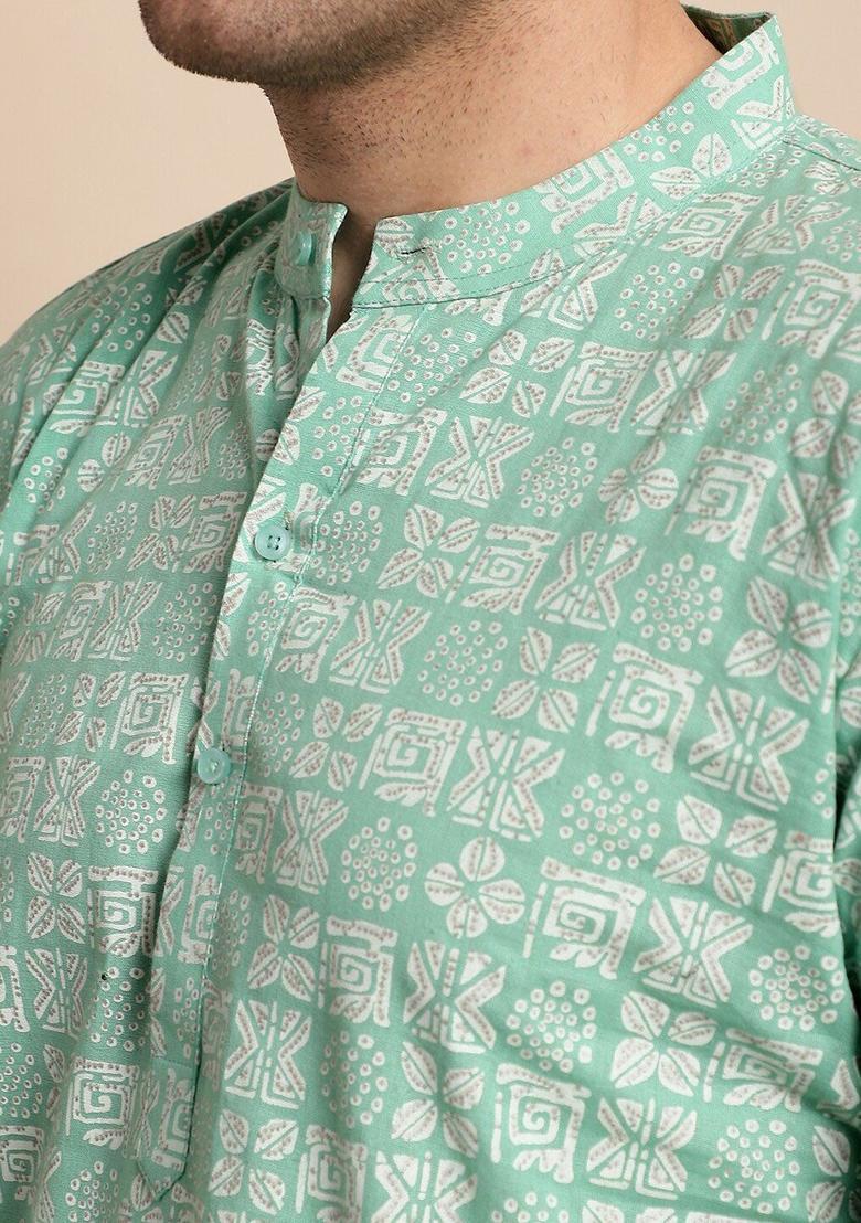 Green Printed Cotton Kurta For Men - Indya