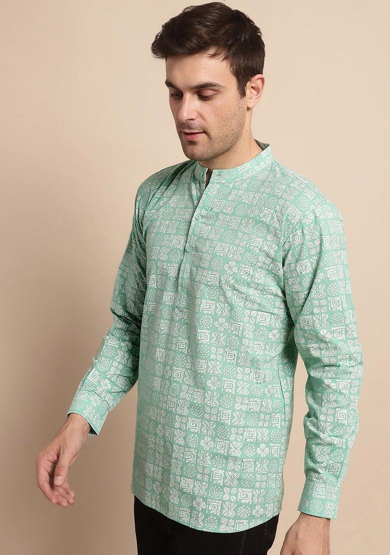 Green Printed Cotton Kurta For Men - Indya